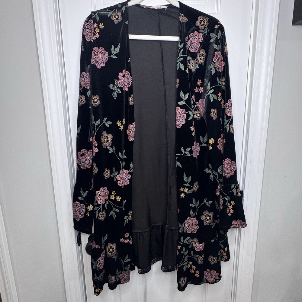 Easel L Floral Velvet Kimono Cardigan Black Open Front Duster Boho